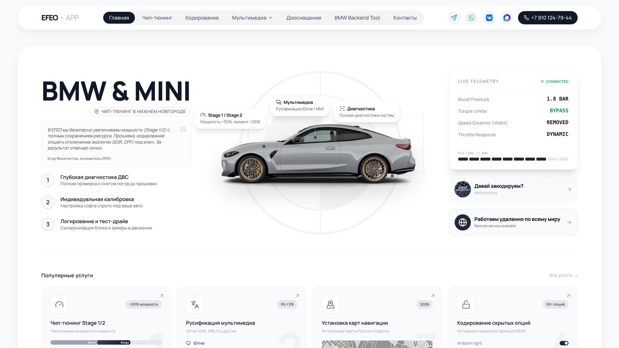 Первый экран сайта EFEO — чип-тюнинг BMW и MINI в Нижнем Новгороде